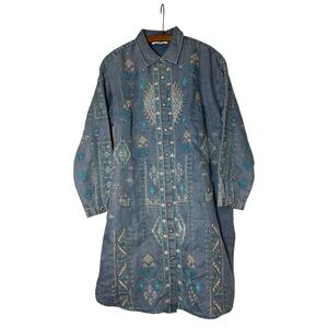 Indigo Thread Co. Embroidered Denim Jean Midi Long Sleeve Button Up Slit Dress